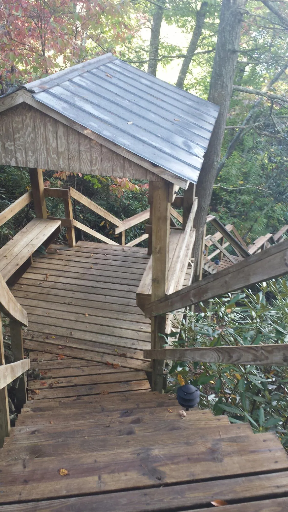 Metal roofed shelter over wooden steps on a wooded walkway — Skylight Repair & Installation work by our crew in Lisle